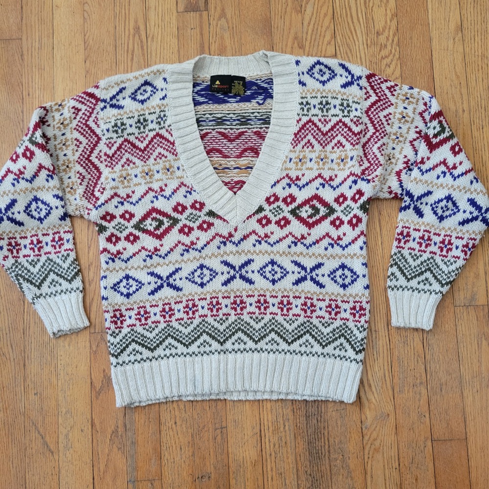 Lizsport Petite S Sweater Cream Multi Fair Isle‎ Geometric V Neck Vintage 90s